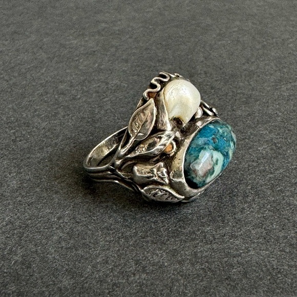 Vintage Art Nouveau Ring Pearl Sterling Silver Arts & Crafts Blue Floral 8.25 - Picture 3 of 15